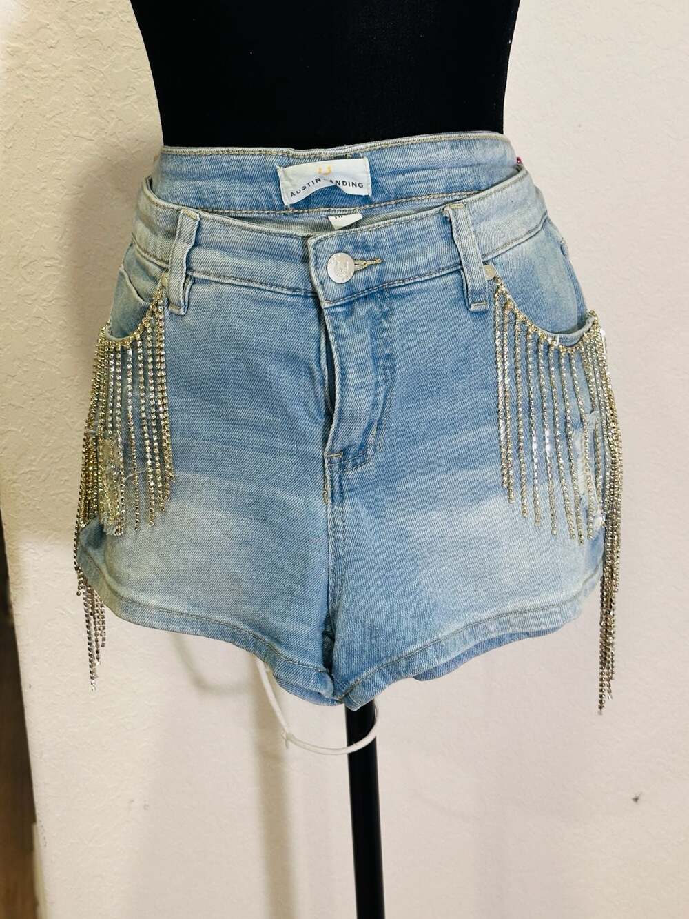 Austin Landing Rhinestone Fringe Distressed Denim Shorts